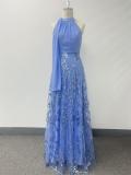 Summer/Fall Halter Neck Ribbon Tie Patchwork Pleated Embroidered A-Line Formal Party Dress