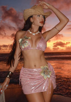 Sexy Shiny Embroidered Floral Bikini Three-Piece Swimwear Set Sexy Shiny Embroidered Floral Bikini Three-Piece Swimwear Set
