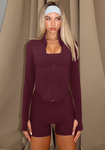 Women's Deep V Zip Long Sleeve Top & Tight Fitting Peach Hip Yoga Shorts Set