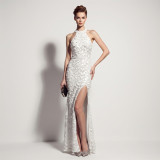 Formal Party Chic Halter Neck Low Back Sequin Split Slim Fit Evening Gown for Bridal