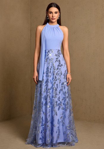 Summer/Fall Halter Neck Ribbon Tie Patchwork Pleated Embroidered A-Line Formal Party Dress