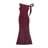 Summer Chic Slash Shoulder Mesh Ribbon Long Dress