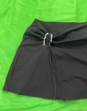 Women Autumn/Winter Stand Collar Contrast Color Zipper Jacket Top Drawstring Pleated Skirt Two-Piece Set