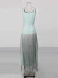 Women Evening Tassel Patchwork Summer Sleeveless Camisole Sweetheart Neck Maxi Dress