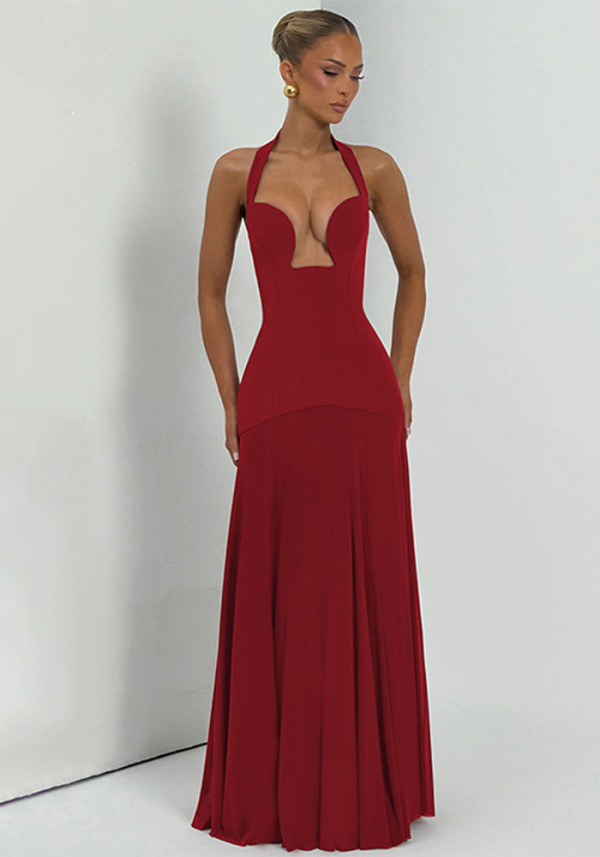 Women Summer Halter Neck V-Neck Backless Mesh Patchwork Dress