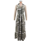 Women Summer Print Turndown Collar V Neck Sleeveless Casual Dress（Processing time need 3-6 days）