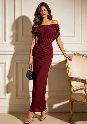 Women Pleated Off-Shoulder Maxi Dress Short-Sleeved Bodycon Dress