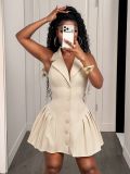 Women Halter Neck Backless Sleeveless Pleated Dress