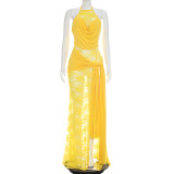 Women Summer Lace Patchwork Halter Neck Slit Ribbon Dress