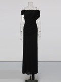 Women Pleated Off-Shoulder Maxi Dress Short-Sleeved Bodycon Dress