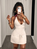 Women Color Block Sleeveless Halter Neck V Neck Color Block Sexy Casual Dress