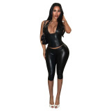 Women Summer Halter Neck Lace-Up Shiny Crop Top and Capri Pants Two-Piece Set