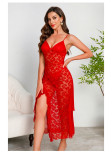 Women sexy lace suspender V neck see-through irregular slit nightdress