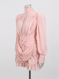 Women Elegant High-Neck Puff Sleeve Knot Pleated Dress