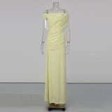 Women Pleated Off-Shoulder Maxi Dress Short-Sleeved Bodycon Dress