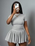 Women Round Neck Top and Pleated Skirt Two-Piece Set