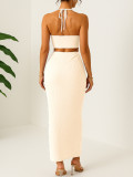 Women Holidays Pleated Halter Neck Top Slit Skirt Elegant Two-Piece Set