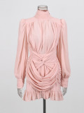 Women Elegant High-Neck Puff Sleeve Knot Pleated Dress