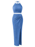 Women Holidays Pleated Halter Neck Top Slit Skirt Elegant Two-Piece Set