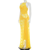 Women Summer Lace Patchwork Halter Neck Slit Ribbon Dress