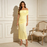 Women Pleated Off-Shoulder Maxi Dress Short-Sleeved Bodycon Dress
