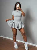 Women Round Neck Top and Pleated Skirt Two-Piece Set