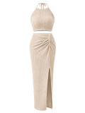 Women Holidays Pleated Halter Neck Top Slit Skirt Elegant Two-Piece Set