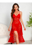 Women sexy lace suspender V neck see-through irregular slit nightdress