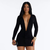 Women Summer & Autumn V-Neck Long-Sleeve Gathered Drawstring Bodycon Mini Dress