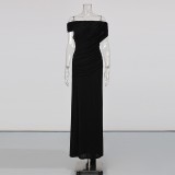 Women Pleated Off-Shoulder Maxi Dress Short-Sleeved Bodycon Dress