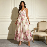 Women French Elegant V-Neck Camisole Lace Patchwork Maxi Dress