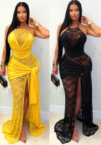 Women Summer Lace Patchwork Halter Neck Slit Ribbon Dress