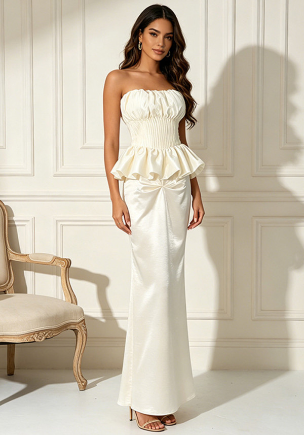 Women French Strapless Summer Sleeveless Pleated Ruffle Maxi Dress
