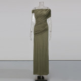 Women Pleated Off-Shoulder Maxi Dress Short-Sleeved Bodycon Dress