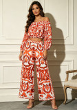 Women Printed Off-Shoulder Crop Top and Wide-Leg Trousers Two-Piece Set