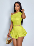 Women Casual Sexy Off-Shoulder Top and Asymmetrical Skirt Two-Piece Set