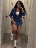 Women Autumn/Winter Stand Collar Contrast Color Zipper Jacket Top Drawstring Pleated Skirt Two-Piece Set