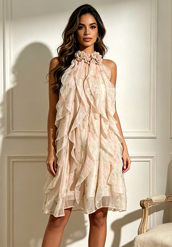 Women Holidays Summer Sleeveless Floral Ruffle Dress
