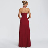 Women Summer Halter Neck V-Neck Backless Mesh Patchwork Dress