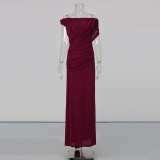 Women Pleated Off-Shoulder Maxi Dress Short-Sleeved Bodycon Dress