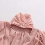 Women Elegant High-Neck Puff Sleeve Knot Pleated Dress