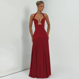 Women Summer Halter Neck V-Neck Backless Mesh Patchwork Dress