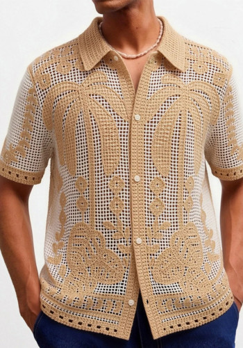 Men's coconut tree jacquard openwork lapel knitting top