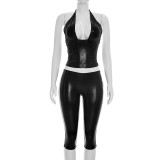 Women Summer Halter Neck Lace-Up Shiny Crop Top and Capri Pants Two-Piece Set
