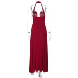 Women Summer Halter Neck V-Neck Backless Mesh Patchwork Dress