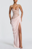 Women Spring Summer Halter Neck Tie-Up Patchwork Holiday Party Slit Dress