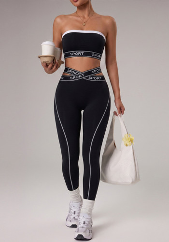 Women Color Block Strapless Top Pants Fitness Yoga Two-Piece Set
