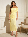 Women Pleated Off-Shoulder Maxi Dress Short-Sleeved Bodycon Dress