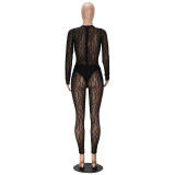 Women See-Through Hollowed-Out Fishnet Jumpsuit Two-Piece Set
