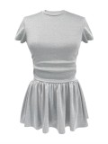Women Round Neck Top and Pleated Skirt Two-Piece Set